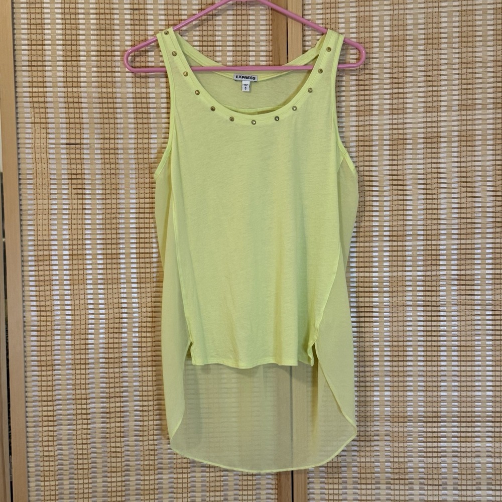 Express Womens M Tank Top Neon Green Studs Sheer Y2K Activewear Sportswear
